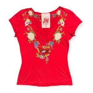 Johnny Was JW Los Angeles Red V-Neck Floral Embroidered‎ Top Size S Women's